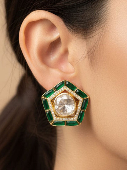 Panchkona Polki Earrings (Pure Silver) - Green