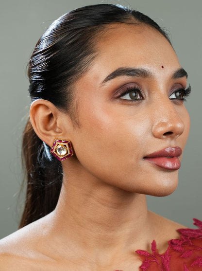 Panchkona Polki Earrings (Pure Silver) - Pink