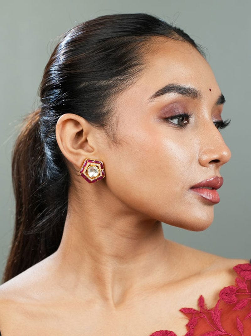 Panchkona Polki Earrings (Pure Silver) - Pink