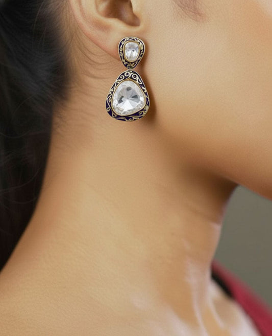 Tavira Meenakari Drops Earrings (Pure Silver) - Navy Blue