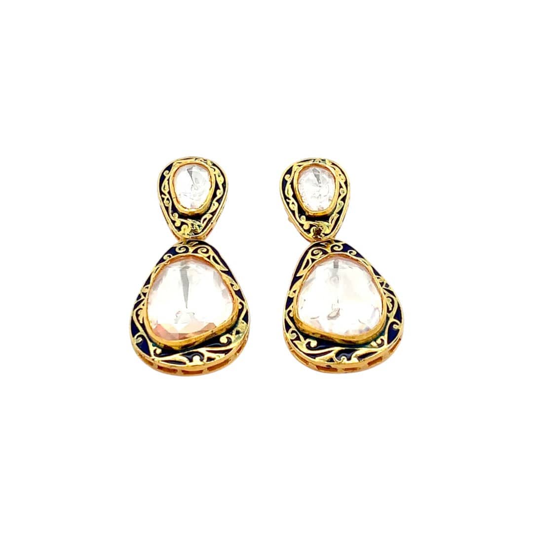 Tavira Meenakari Drops Earrings (Pure Silver) - Navy Blue