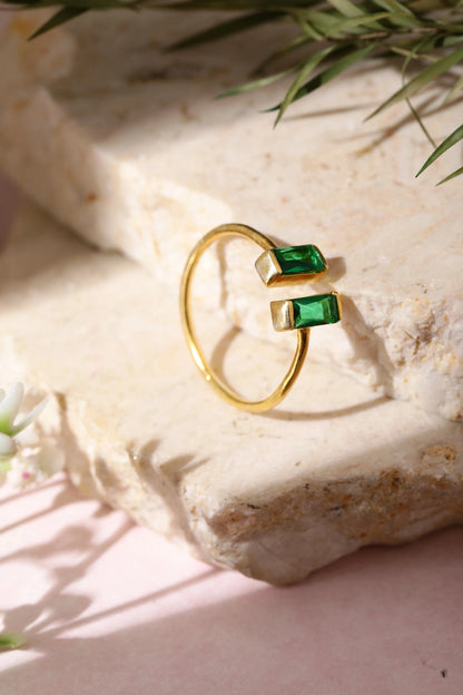 Mystic Green Baguette Open Ring (Pure Silver) - Gold