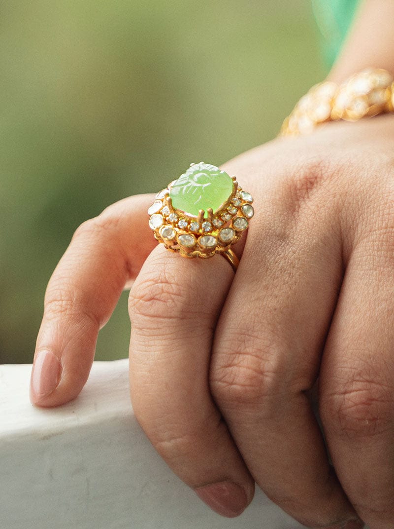 Majestic Polki Kundan Ring (Pure Silver) - Green