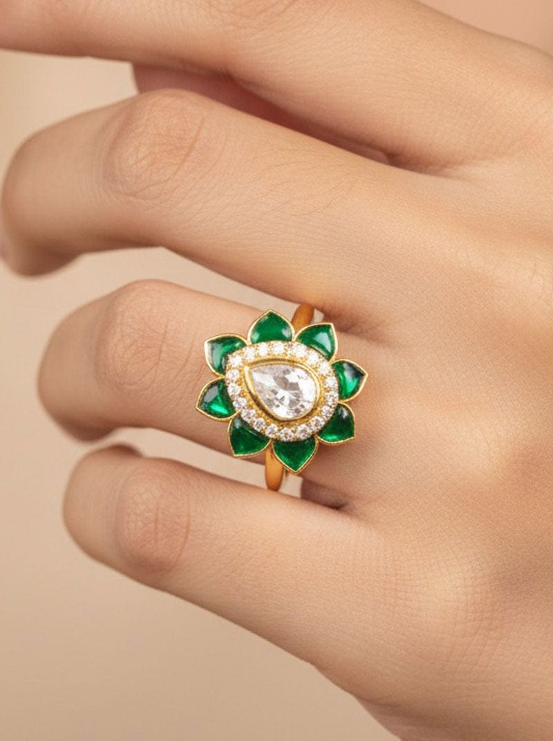 Polki Petal Ring (Pure Silver) - Green