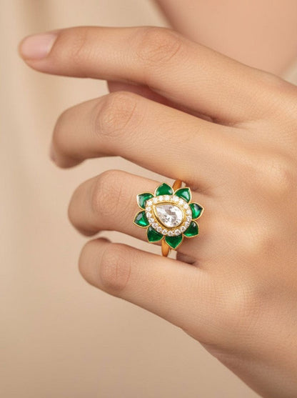 Polki Petal Ring (Pure Silver) - Green