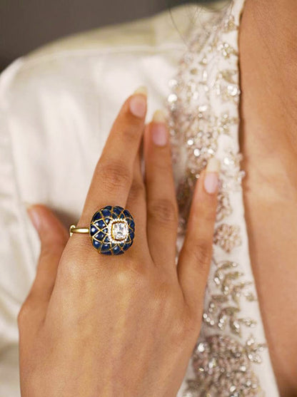 Kundan Royale Ring (Pure Silver) - Blue
