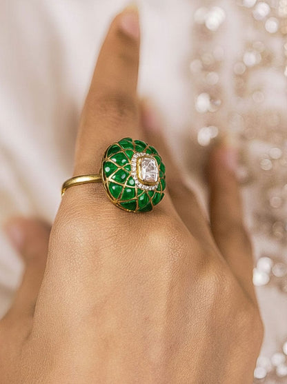 Kundan Royale Ring (Pure Silver) - Green