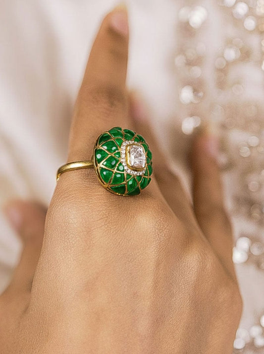 Kundan Royale Ring (Pure Silver) - Green