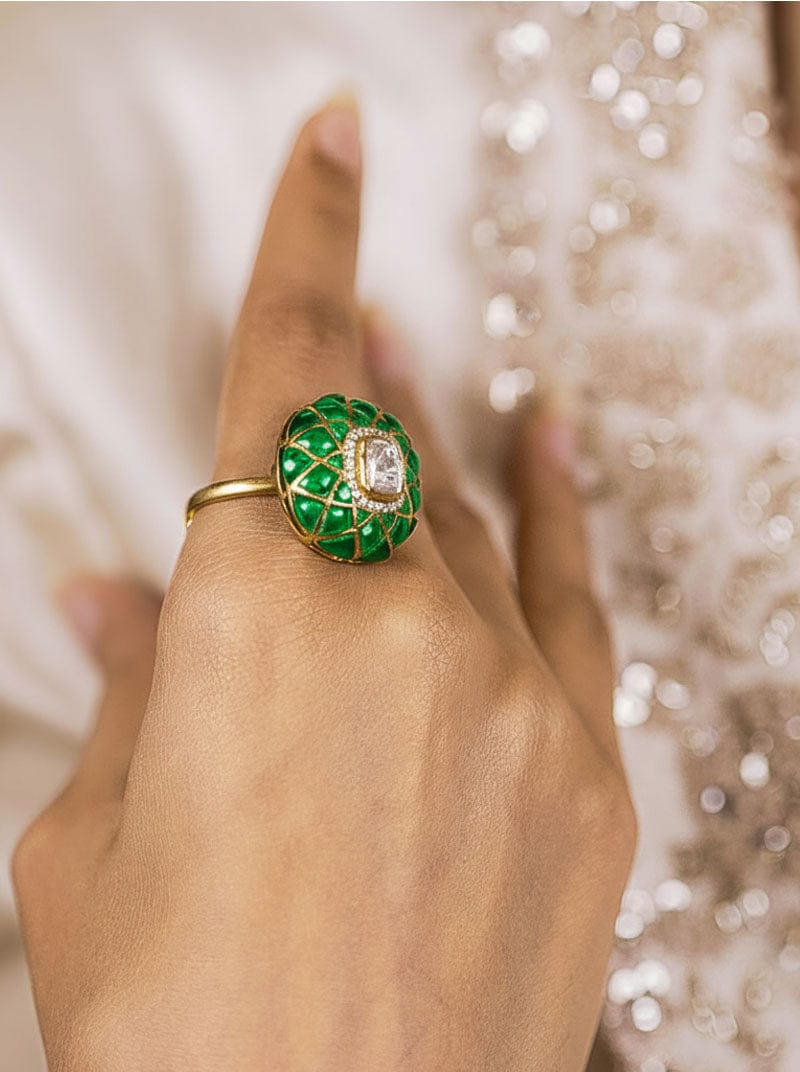 Kundan Royale Ring (Pure Silver) - Green