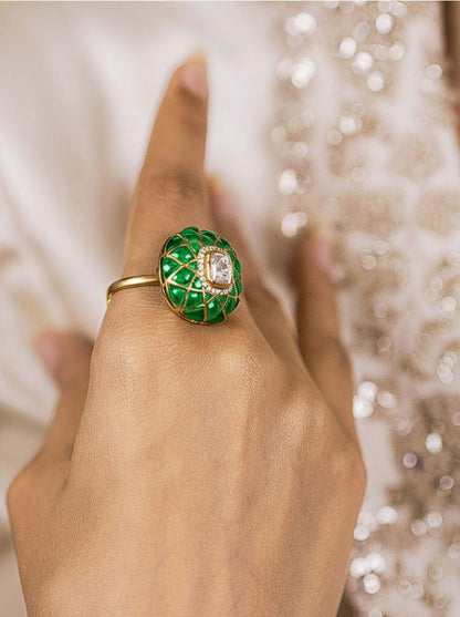 Kundan Royale Ring (Pure Silver) - Green