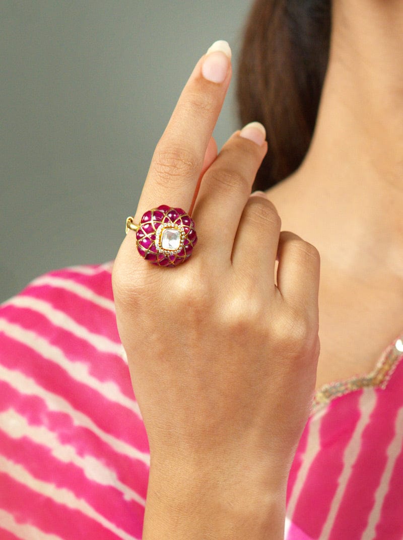 Kundan Royale Ring (Pure Silver) - Pink