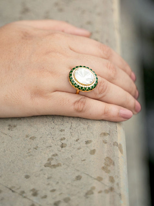 Empress Polki Ring (Pure Silver) - Green