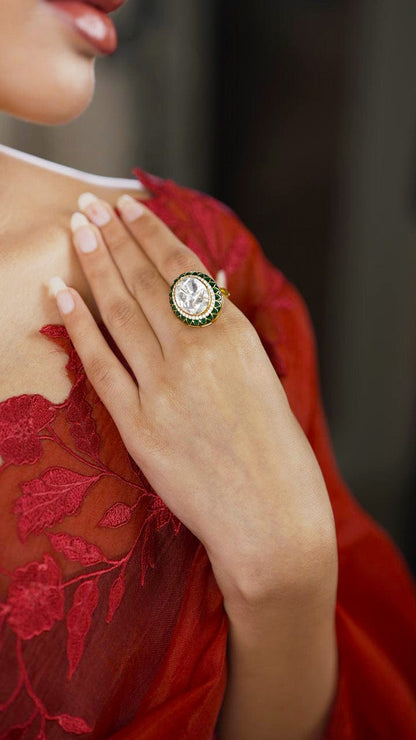 Empress Polki Ring (Pure Silver) - Green