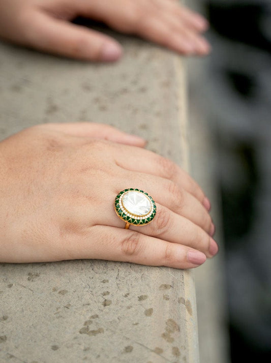 Empress Polki Ring (Pure Silver) - Green