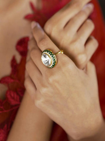 Empress Polki Ring (Pure Silver) - Green