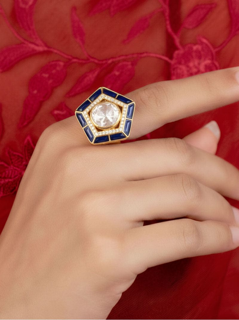 Panchkona Polki Ring (Pure Silver) - Blue