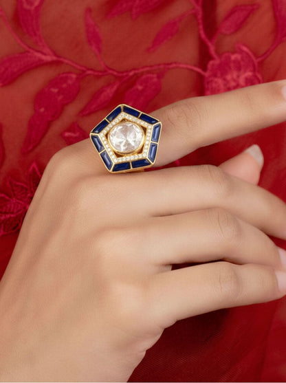 Panchkona Polki Ring (Pure Silver) - Blue