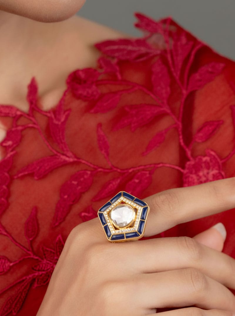 Panchkona Polki Ring (Pure Silver) - Blue