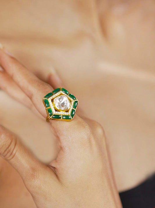 Panchkona Polki Ring (Pure Silver) - Green