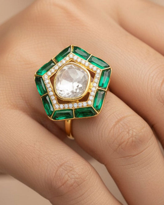 Panchkona Polki Ring (Pure Silver) - Green