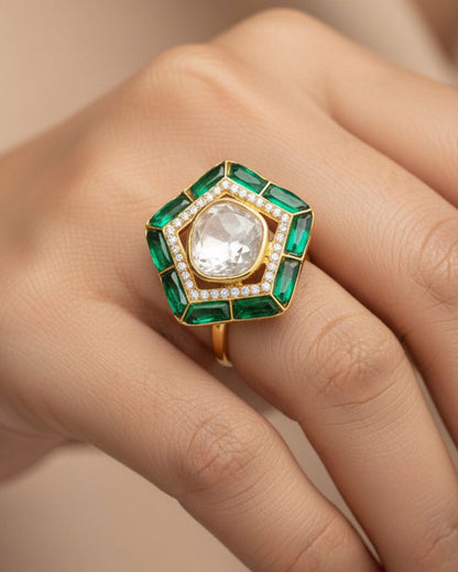 Panchkona Polki Ring (Pure Silver) - Green