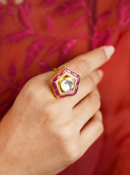 Panchkona Polki Ring (Pure Silver) - Pink