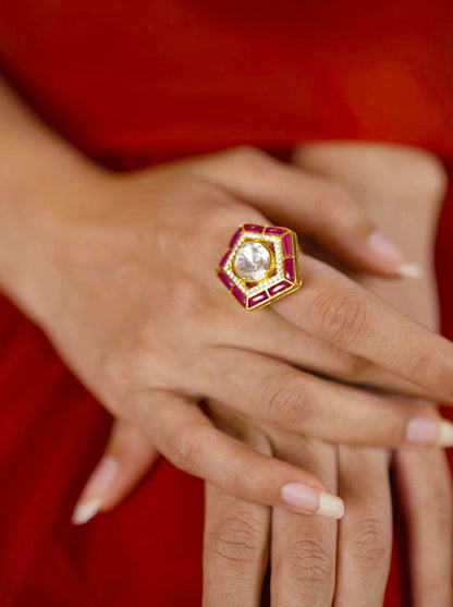 Panchkona Polki Ring (Pure Silver) - Pink
