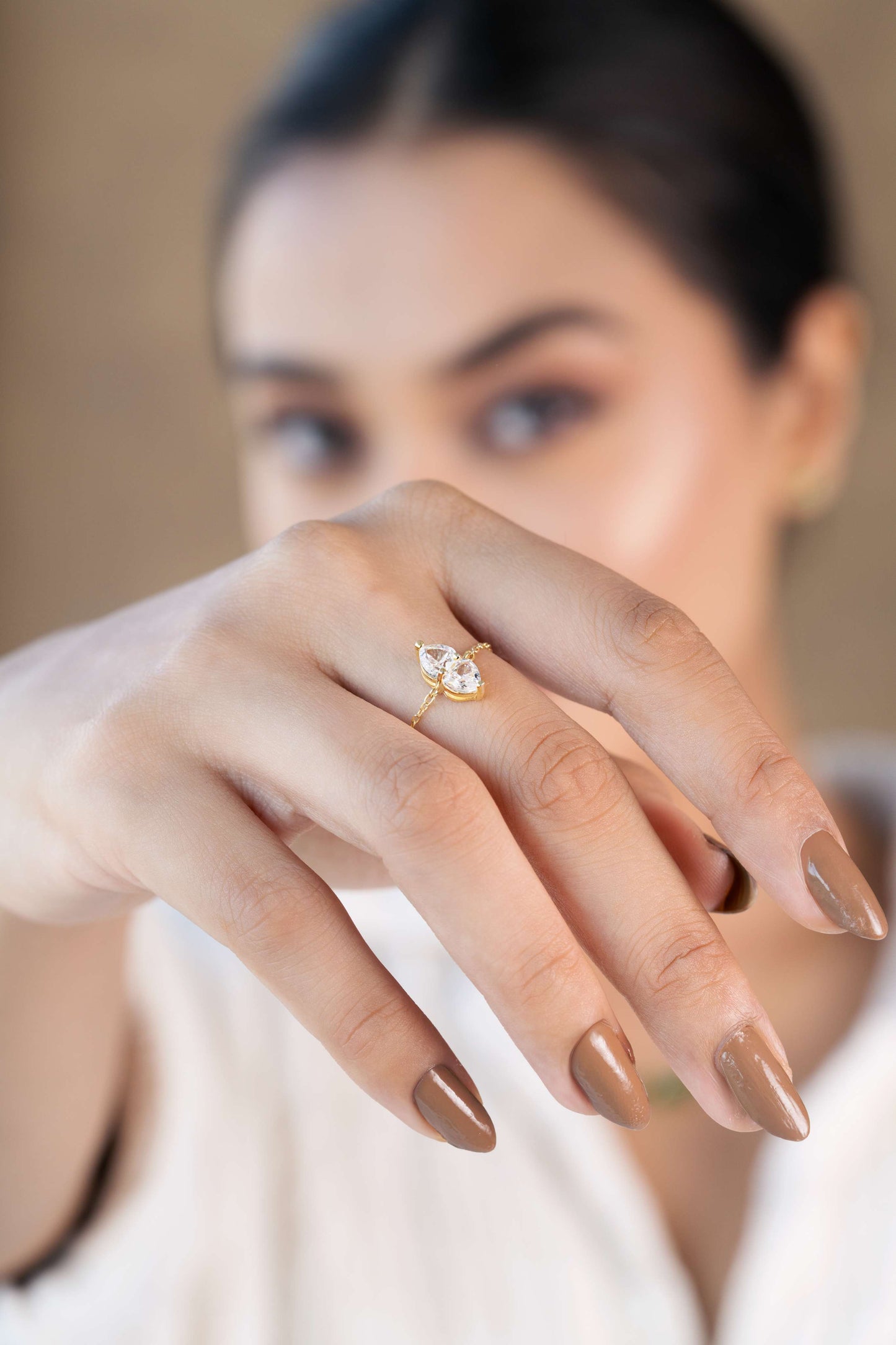 Twin Heart Adjustable Chain Ring (Pure Silver) - Gold