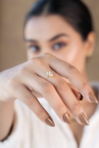 Twin Heart Adjustable Chain Ring (Pure Silver) - Gold