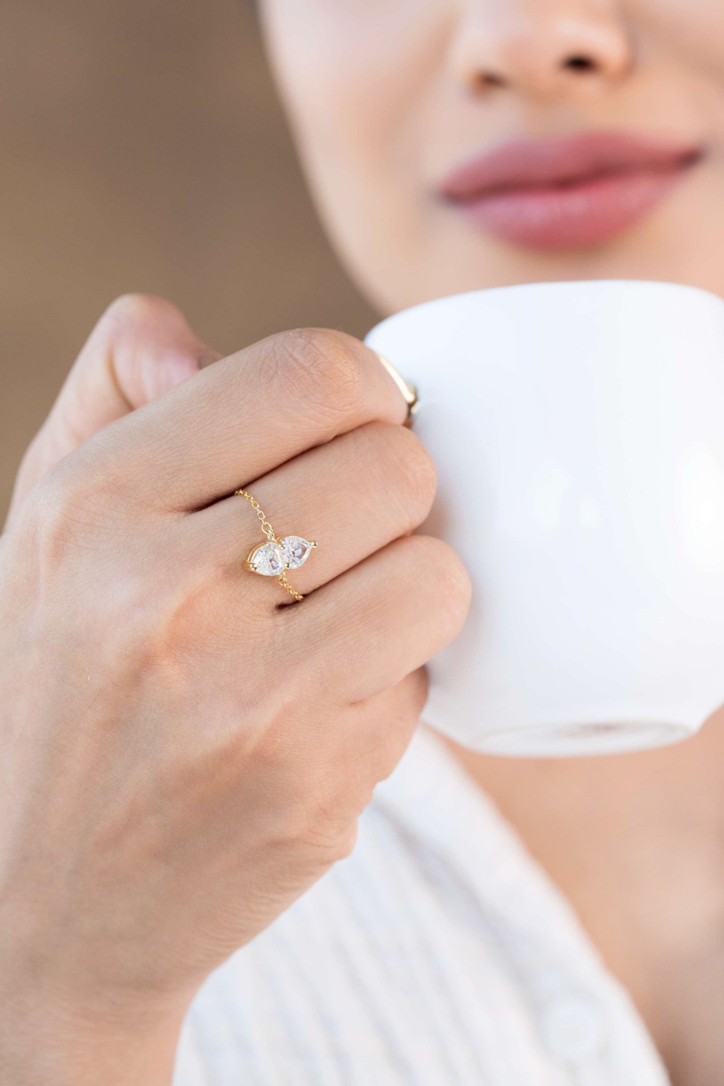 Twin Heart Adjustable Chain Ring (Pure Silver) - Gold