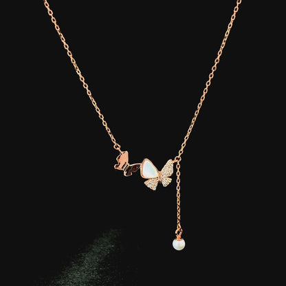 Duo Butterfly With Pearl Drop Pendant Chain