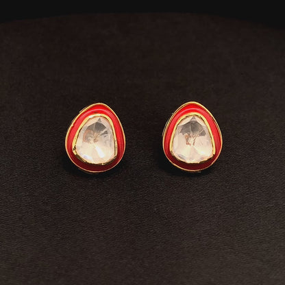 Rajwada Polki Earrings (Pure Silver) - Red