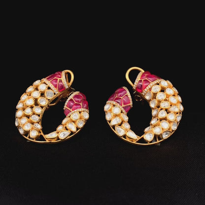 Gajmukhi Polki Earrings (Pure Silver) - Pink