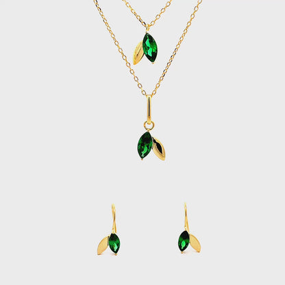 Green Leafy Sparkle Necklace Set (Pure Silver) - Gold
