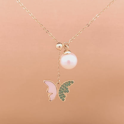 Green Butterfly Pearl Drop Pendant Chain (Pure Silver) - Gold